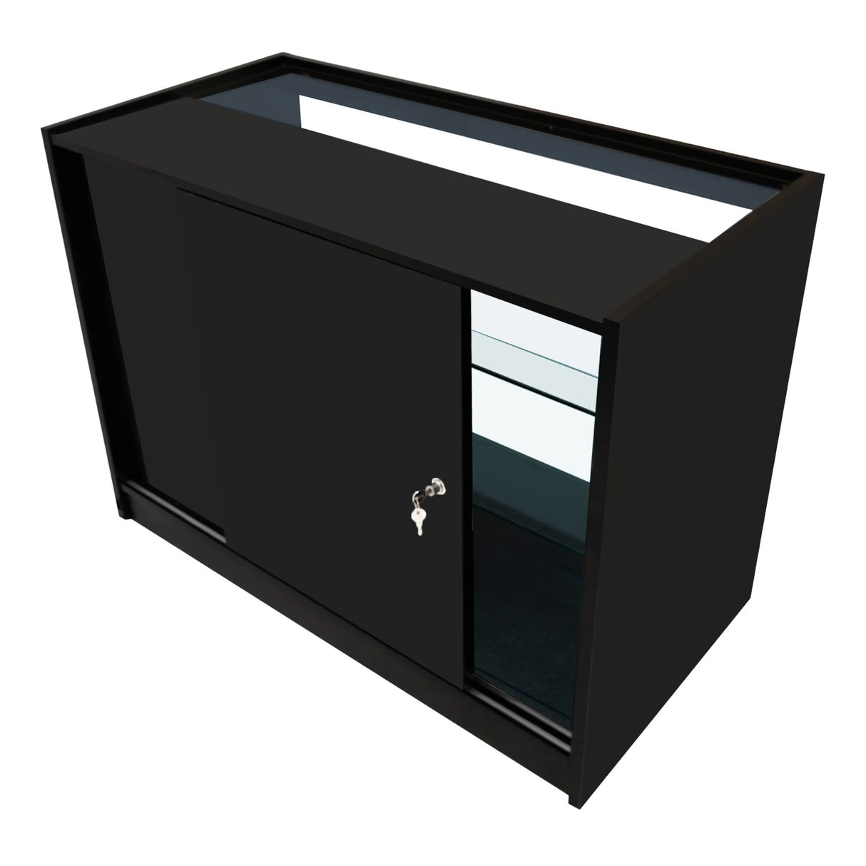 Vega LED Shop Counter Set in sleek black, featuring sliding doors, glass shelves, and a modern design for retail displays