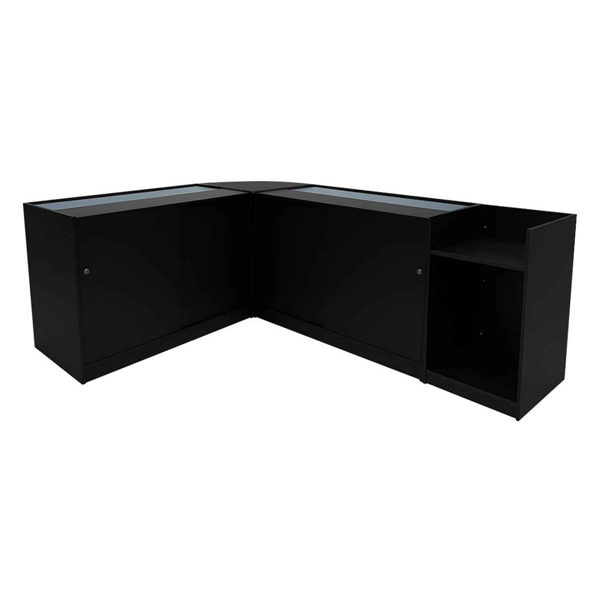 Sagittarius LED shop counter set in sleek black, featuring two glass display sections and ample storage space for retail use