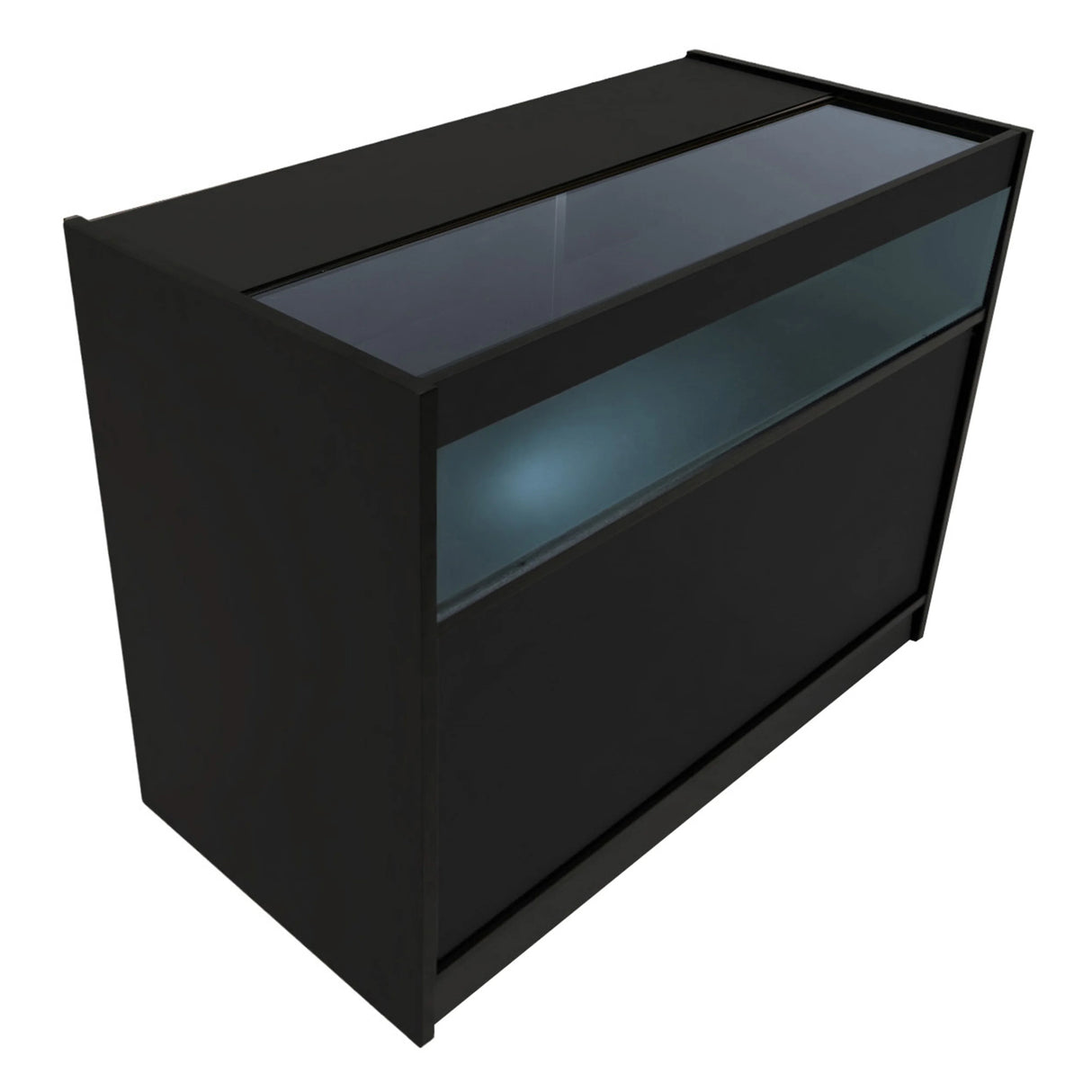 Black Sagittarius LED shop counter set featuring sleek design, glass display top, and illuminated storage space for products