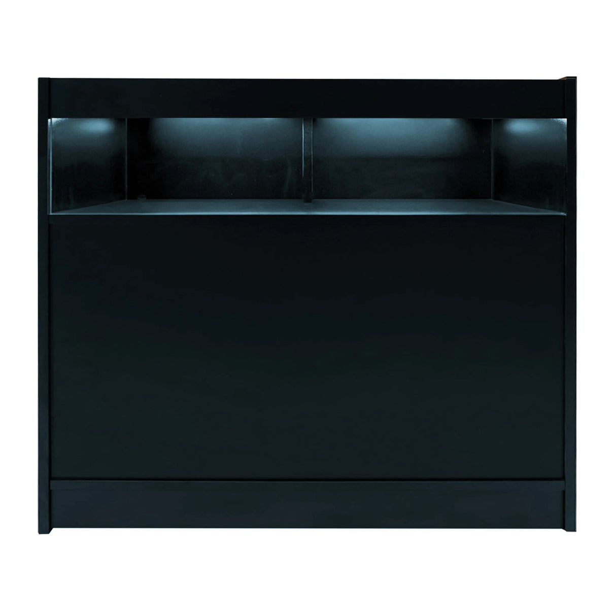 Sagittarius LED Shop Counter Set in sleek black, featuring a smooth surface, illuminated shelves, and modern design for retail spaces