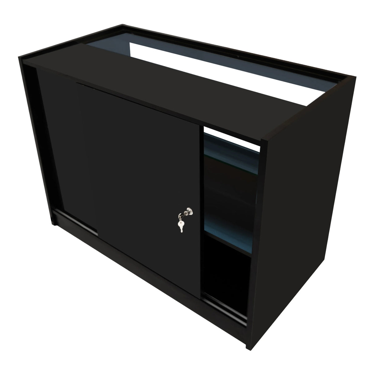 Eclipse LED Shop Counter Set in sleek black, featuring a sliding door, open shelving, and a modern design for retail display