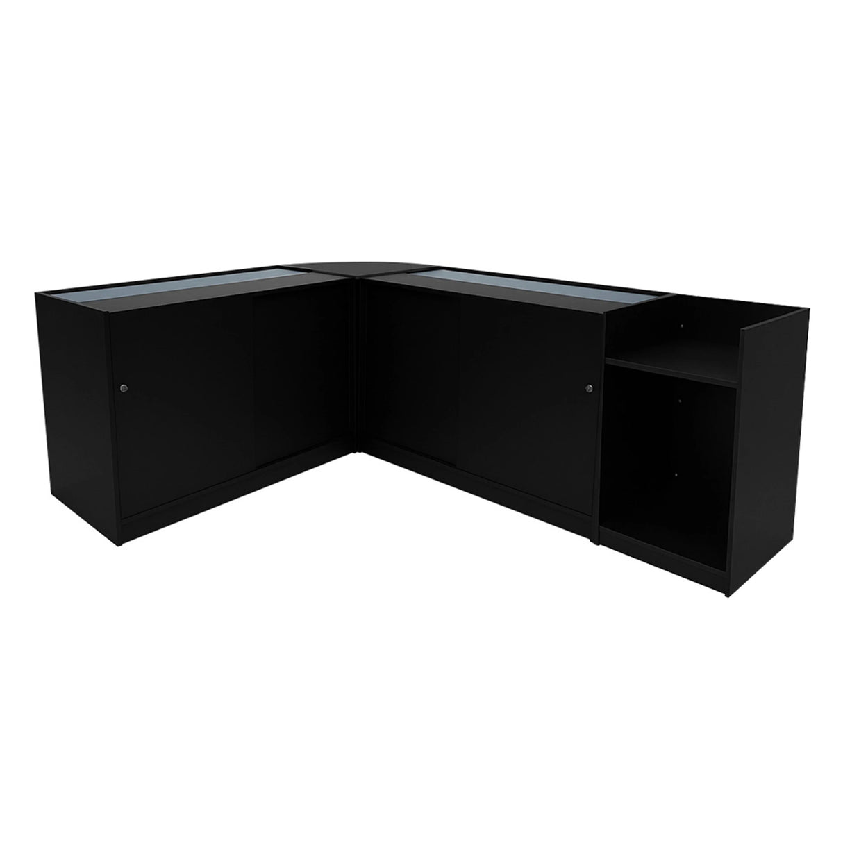 Black Eclipse LED Shop Counter Set featuring sleek glass tops, modern design, and ample storage space in a corner layout