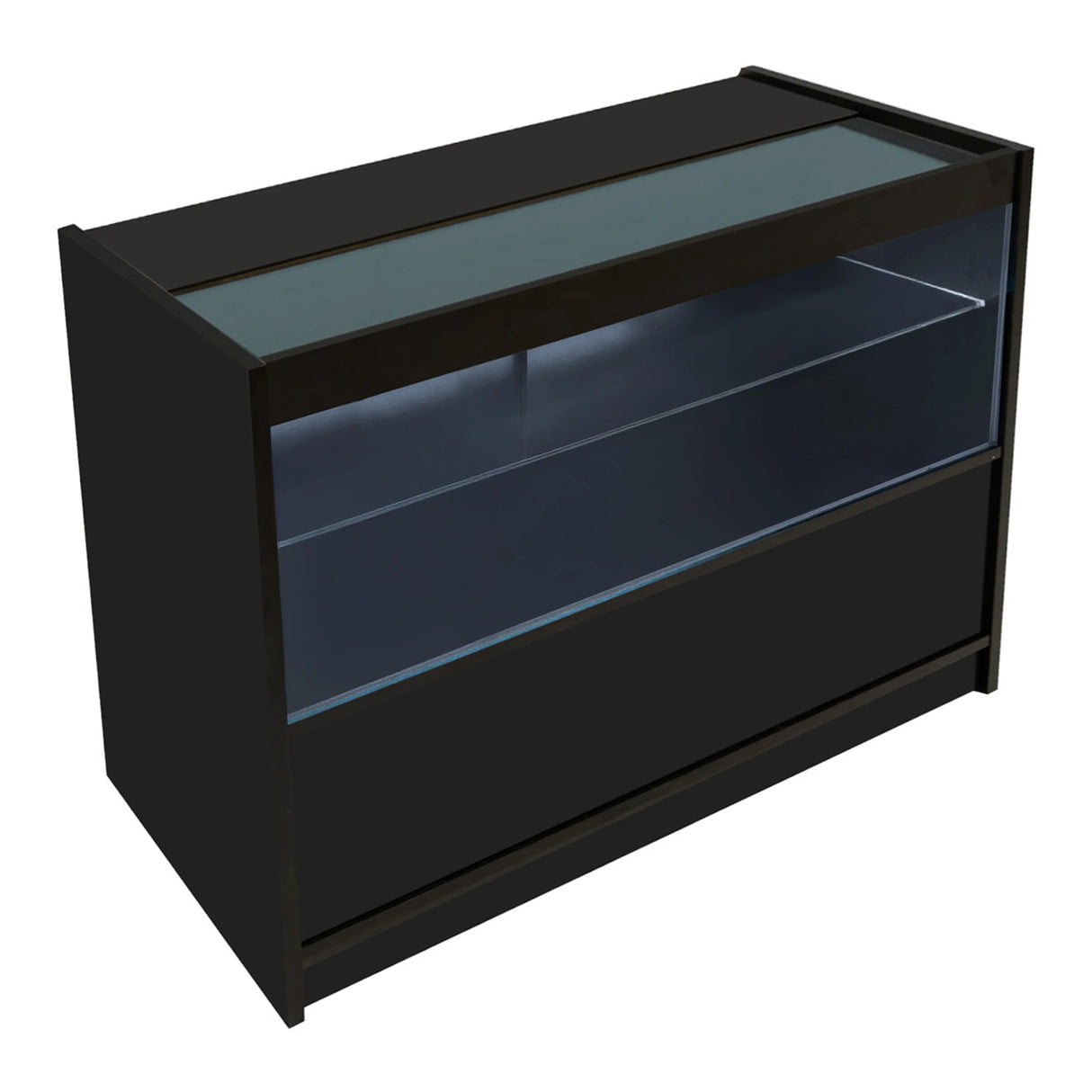 Black Eclipse LED shop counter set featuring sleek design, glass display top, and spacious storage compartments for organized retail use