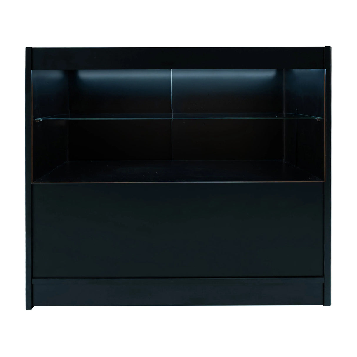 Black Eclipse LED shop counter set featuring sleek design, glass shelves, and modern lighting for retail display and organization