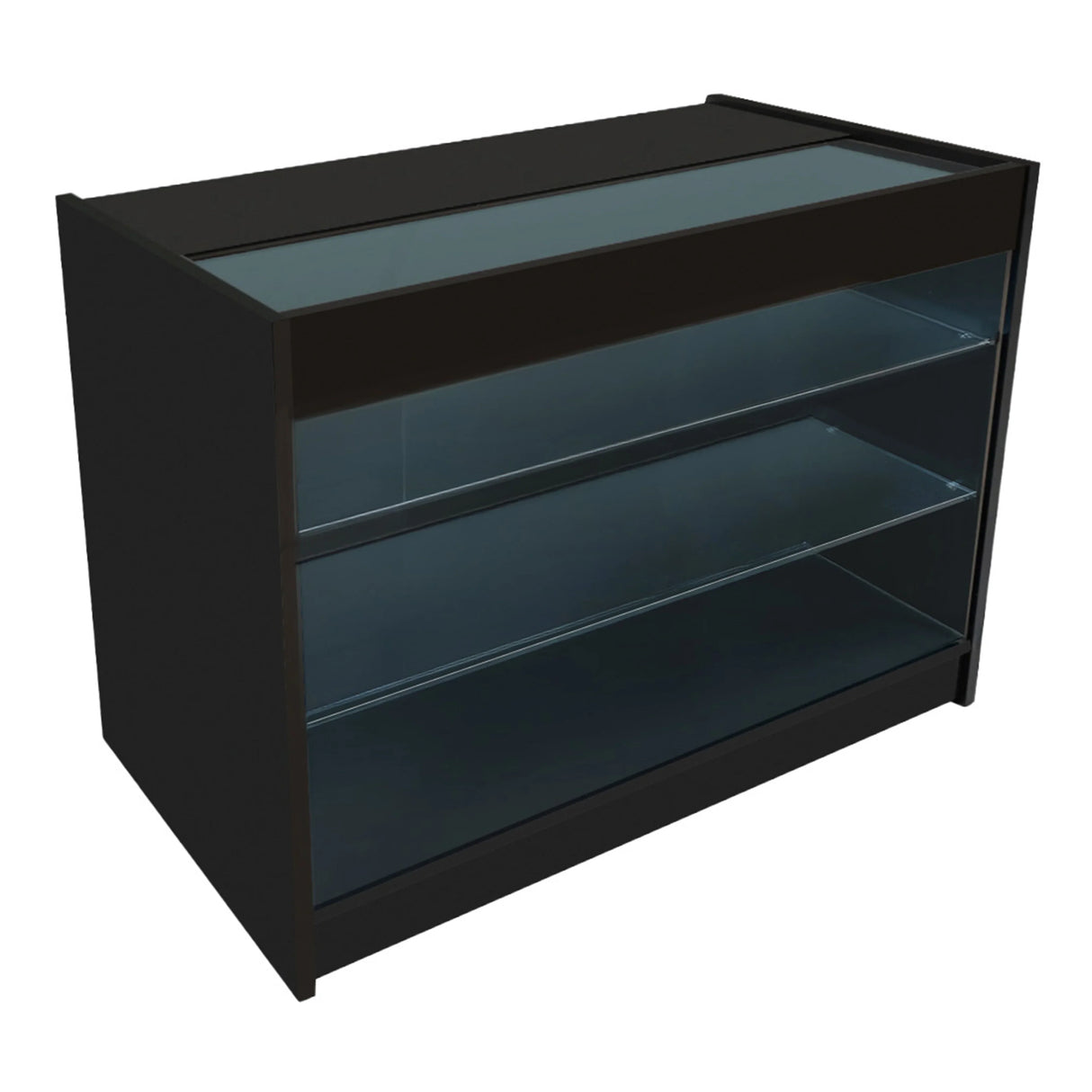 Astro LED shop counter set in sleek black, featuring a glass top, two open shelves, and modern design for retail displays