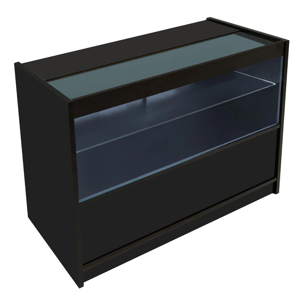 Black Europa LED shop counter set featuring sleek design, glass display top, and illuminated shelving for showcasing products