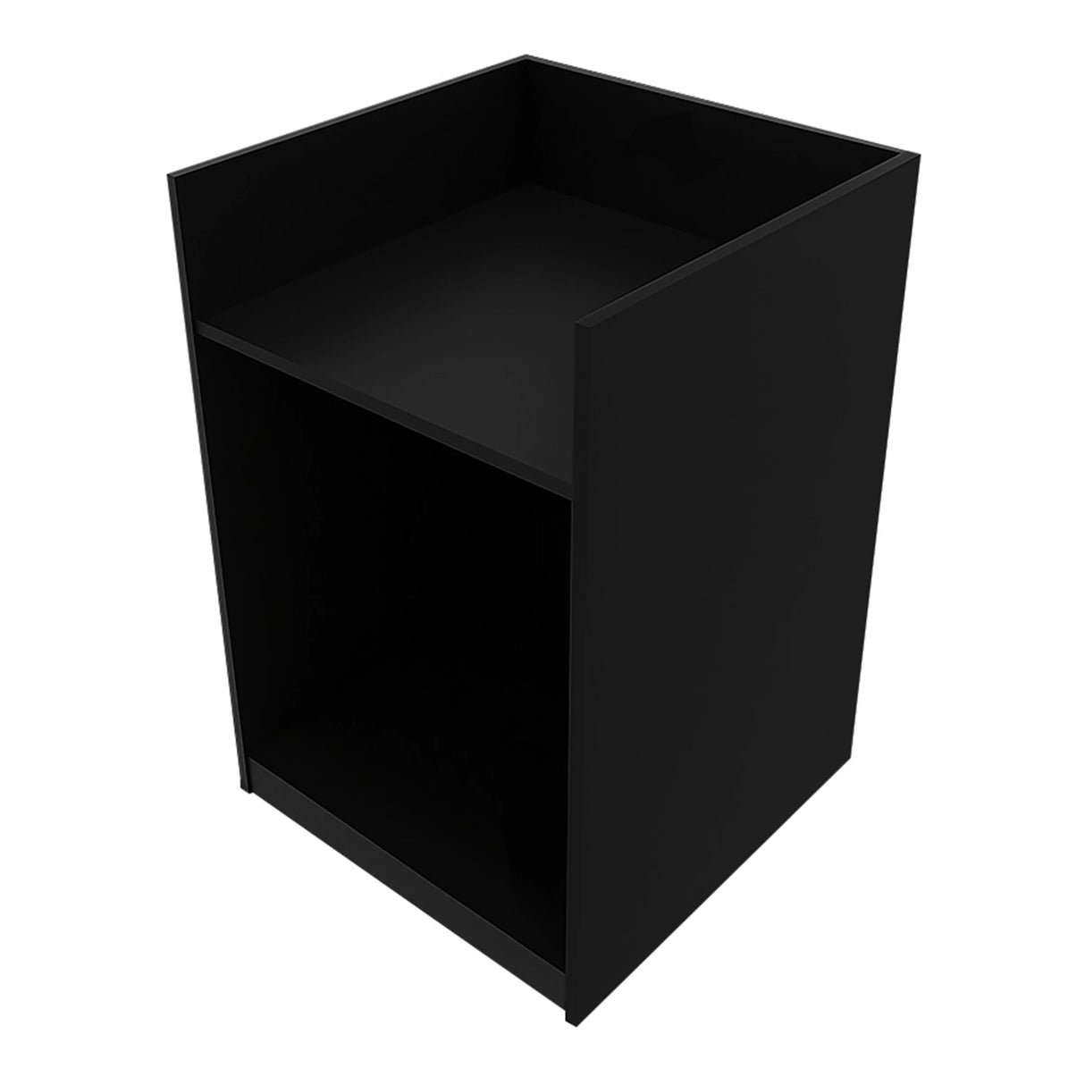 Black Europa LED shop counter with a sleek design, featuring a top shelf and open storage space, ideal for retail displays