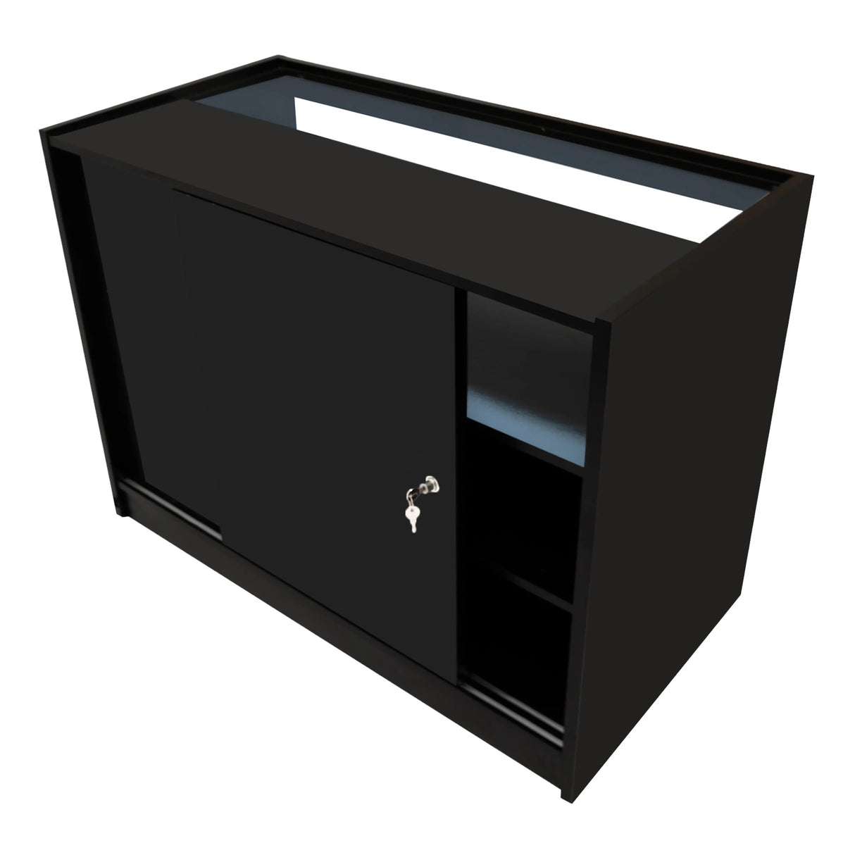 Black Hyperion LED shop counter set featuring a sleek design, sliding door, and open shelving for storage and display