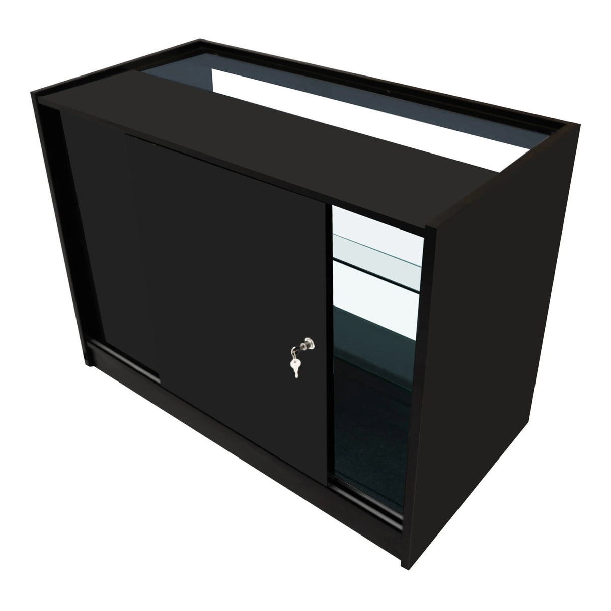 Theia LED Shop Counter Set in sleek black features a sliding door, glass shelves, and a modern design ideal for retail displays