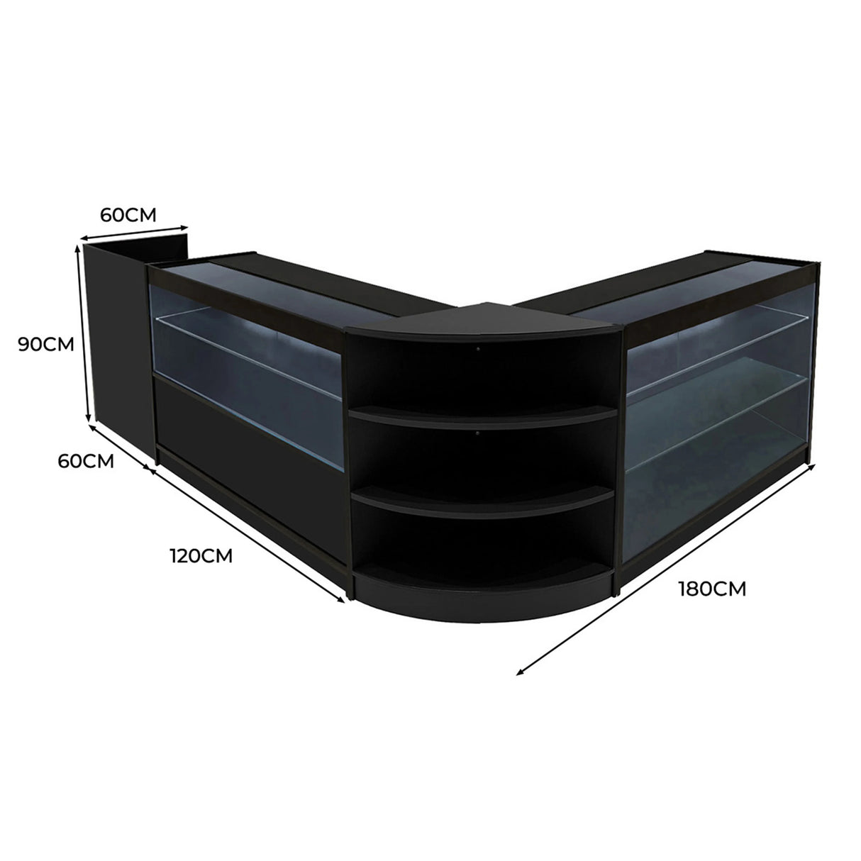 Theia LED Shop Counter Set in black features a sleek design with glass shelves, measuring 180cm wide and 90cm high, ideal for retail displays