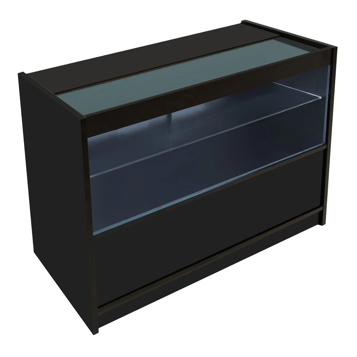 Theia LED Shop Counter Set in black features a sleek design with a glass top, illuminated display area, and spacious storage below