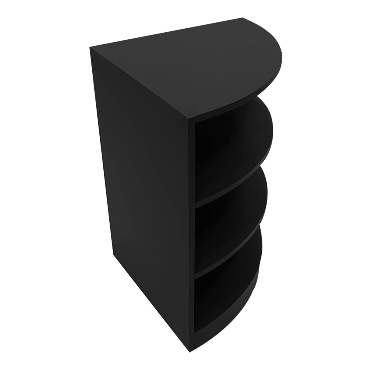 Theia LED Shop Counter Set in black featuring a sleek half-moon design with four open shelves for display and storage