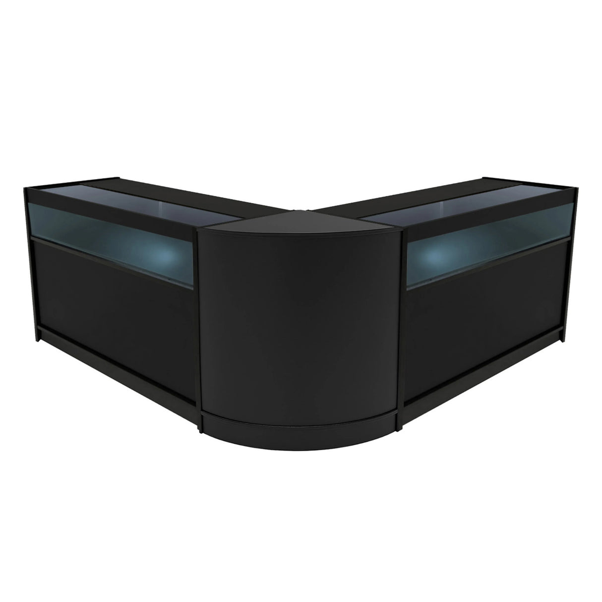Black Iris LED shop counter set featuring two display cases with glass tops, sleek design, and modern LED lighting for enhanced visibility
