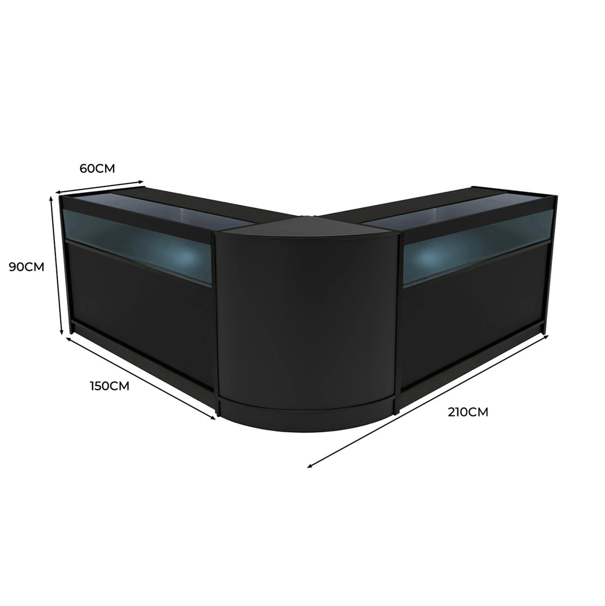 Black Iris LED shop counter set featuring a sleek, modern design with two display sections, measuring 210cm wide and 90cm tall