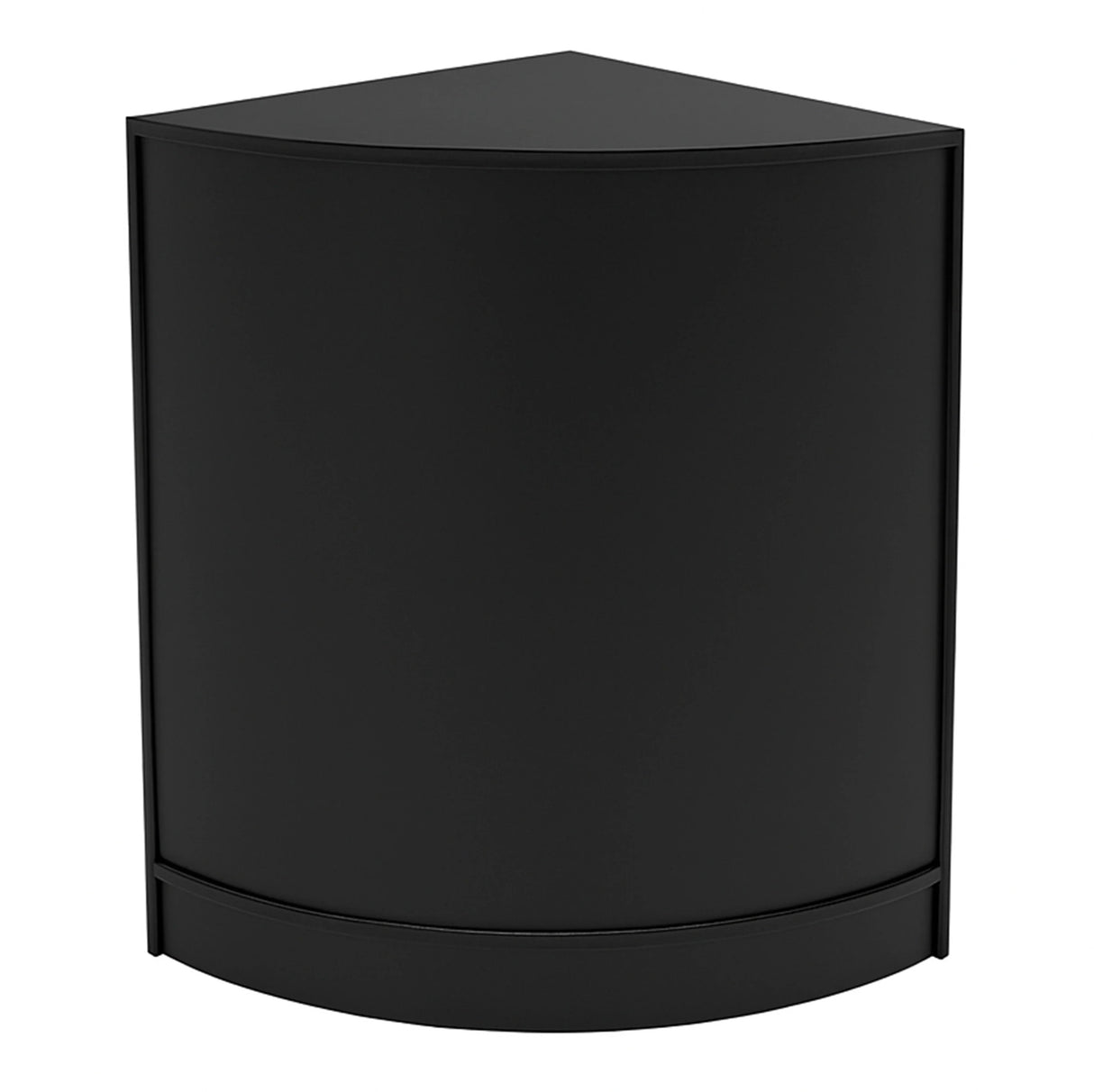 Sleek black corner display counter with a smooth finish, designed for showcasing products in retail environments