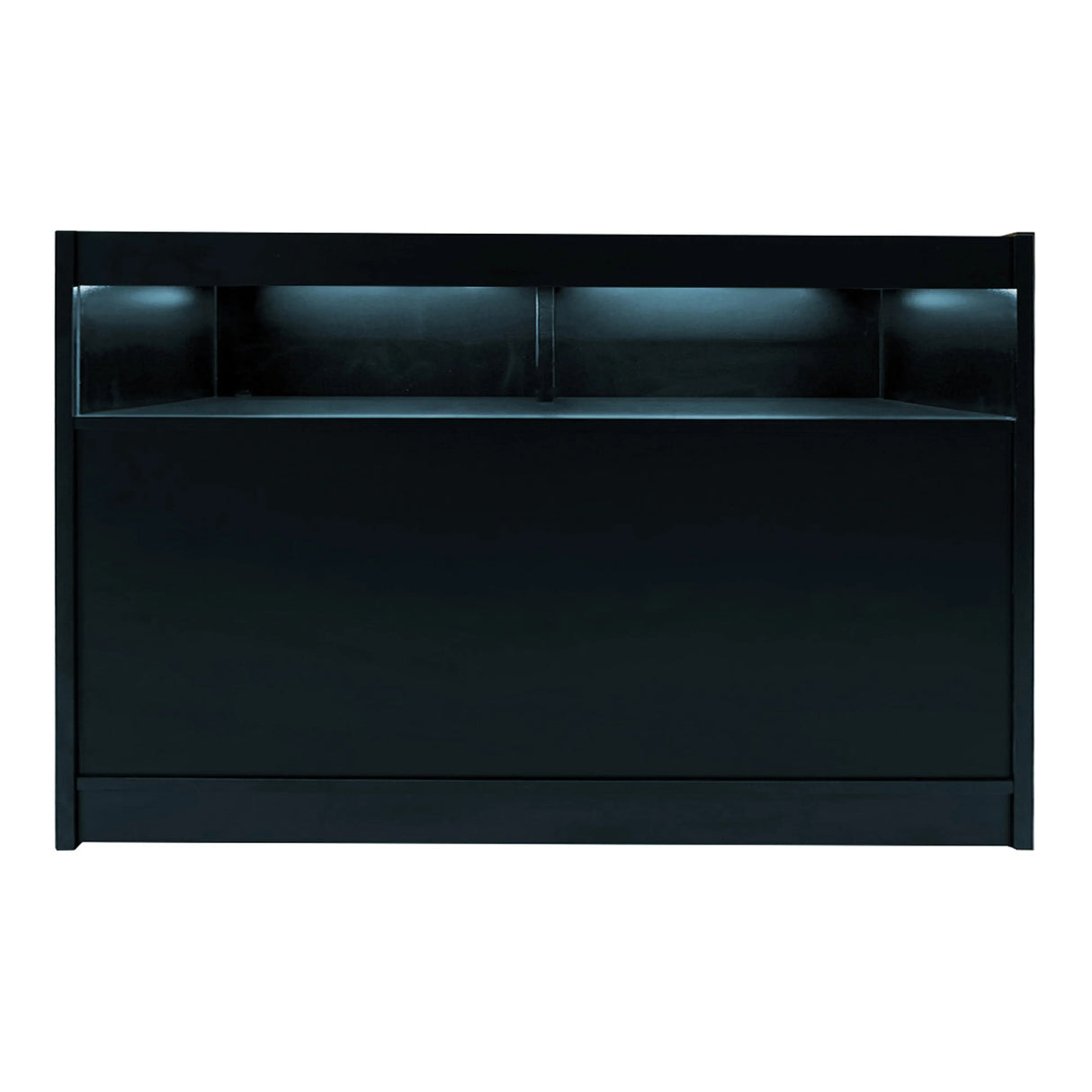 Sleek black Iris LED shop counter set with illuminated shelves, featuring a smooth finish and modern design for retail spaces