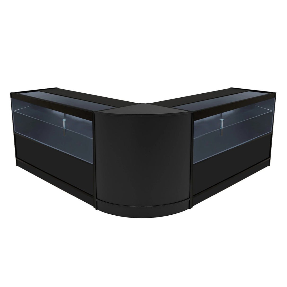 Black Selene LED shop counter set featuring a sleek, modern design with glass display sections and a curved shape for retail spaces