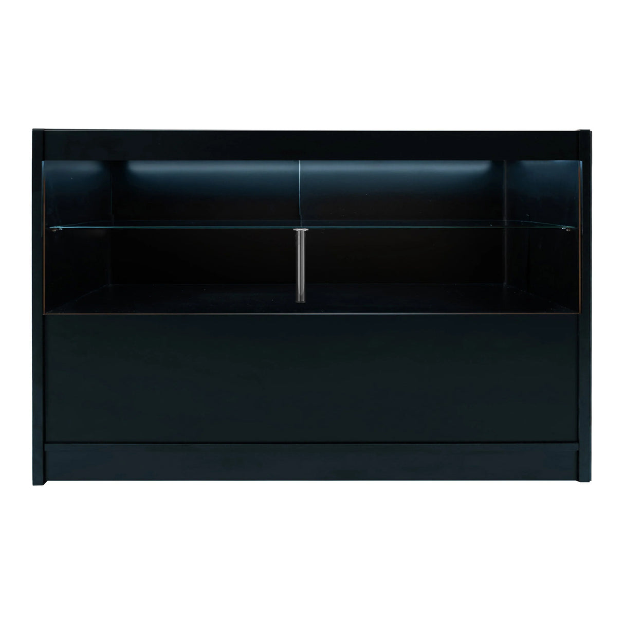 Sleek black Selene LED shop counter set with illuminated display shelf and spacious storage, perfect for retail environments