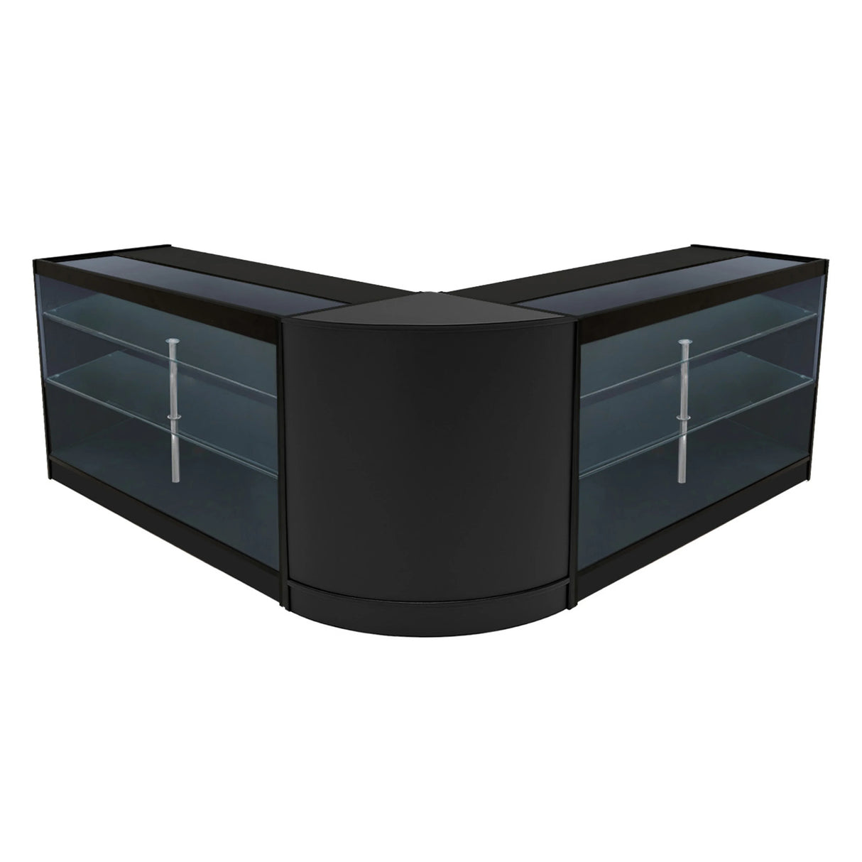 Black Helios LED shop counter set featuring a sleek, modern design with glass shelving and a curved front for stylish display