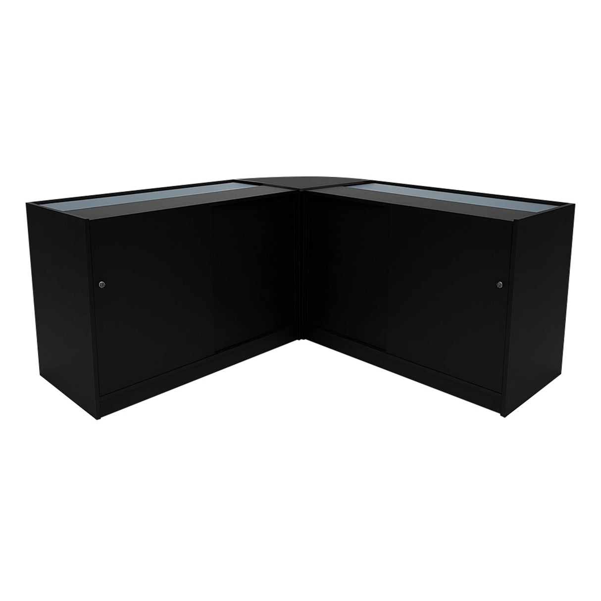 Black Helios LED shop counter set featuring a sleek design with glass display tops and storage cabinets, ideal for retail spaces