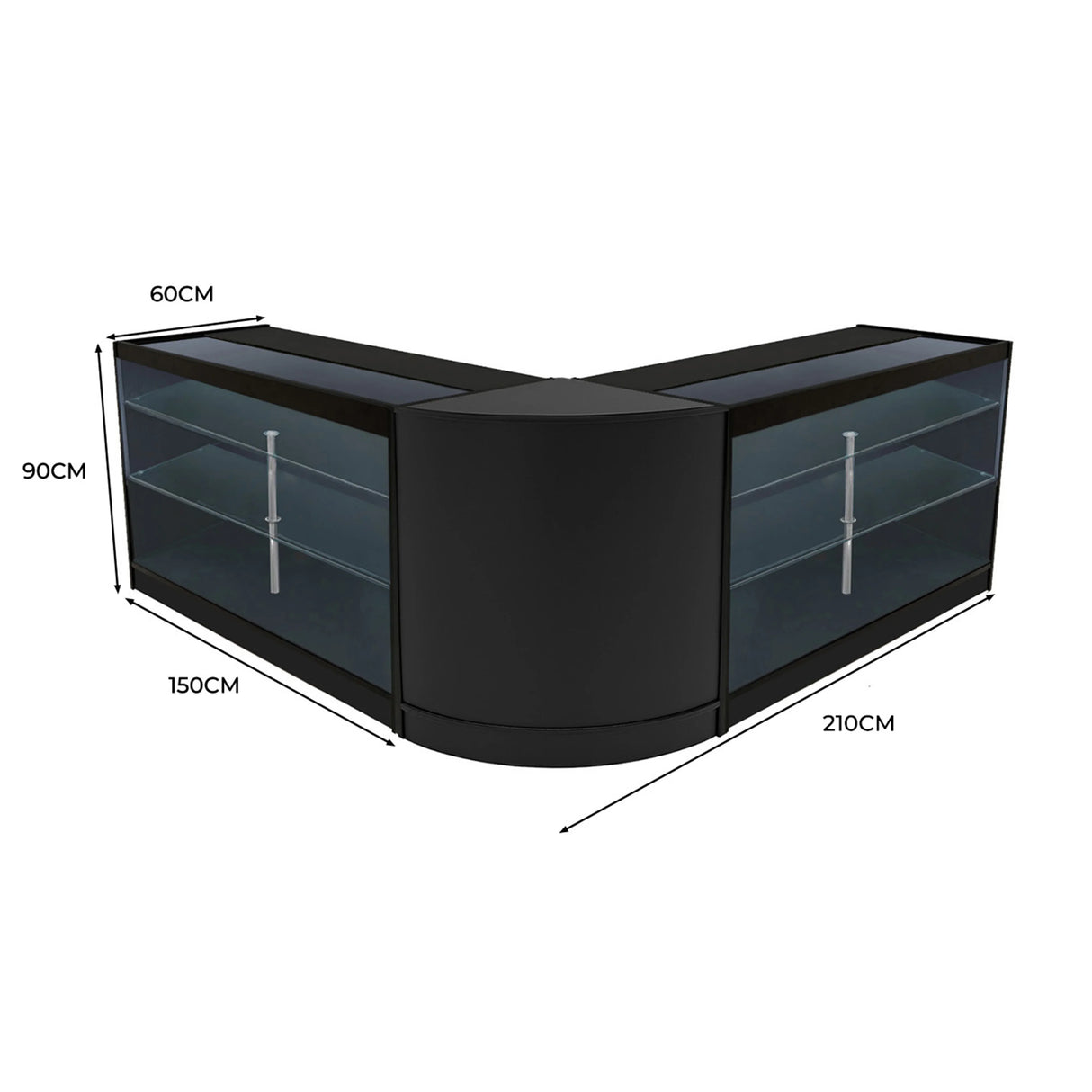 Black Helios LED Shop Counter Set featuring a sleek design with glass shelves, measuring 60cm high, 210cm wide, and 150cm deep
