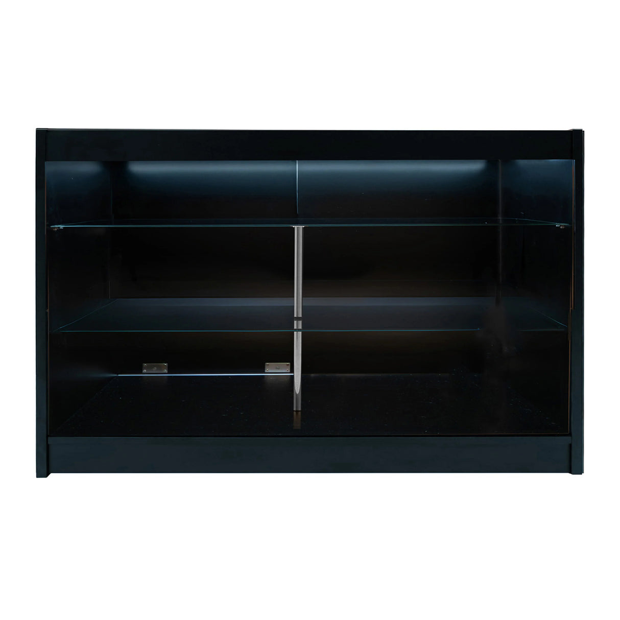 Black Helios LED shop counter set CM60 with two K1500 shelves, featuring sleek glass panels and a modern design for retail display