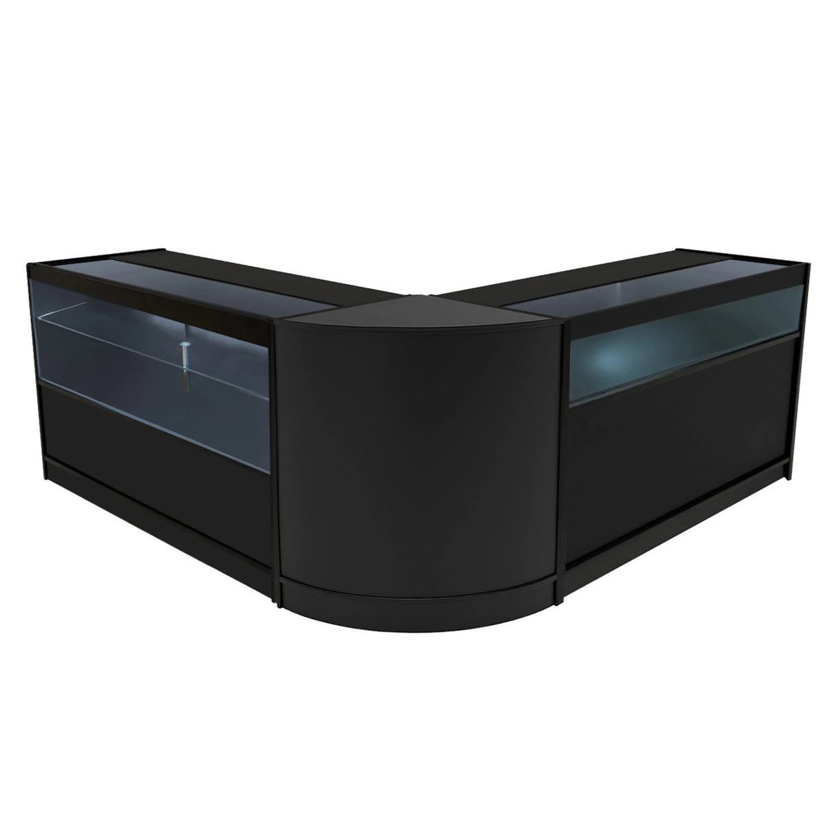 Black Adonis LED Shop Counter Set featuring a sleek, modern design with glass display sections and smooth surfaces, ideal for retail use