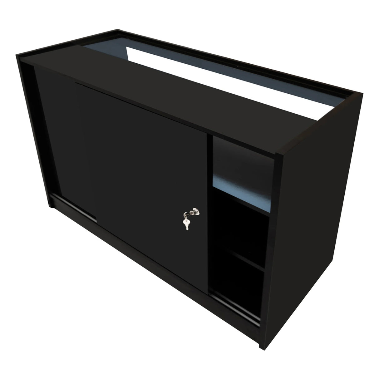 Black Adonis LED shop counter set featuring sleek design, sliding door, and illuminated display area for showcasing products