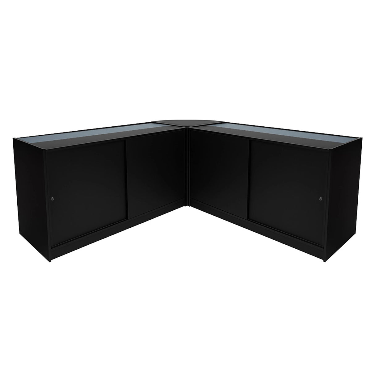 Black Adonis LED shop counter set featuring sleek design, glass display tops, and spacious storage compartments for retail use