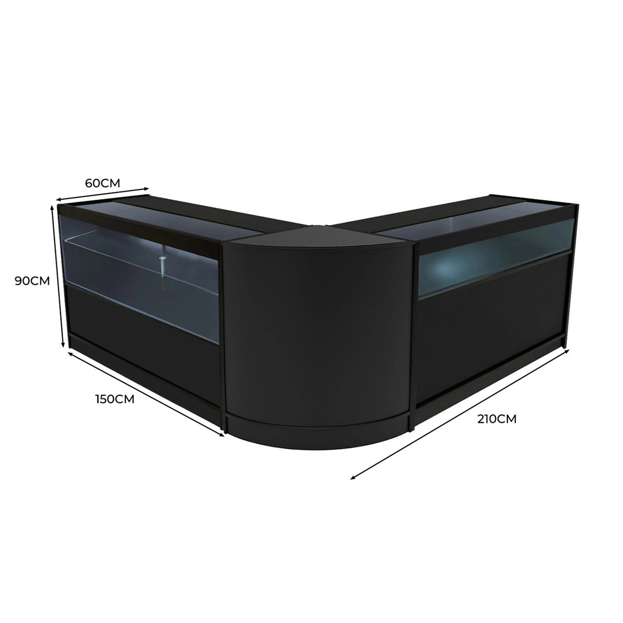 Black Adonis LED Shop Counter Set featuring sleek glass display sections, curved design, and precise measurements for retail spaces