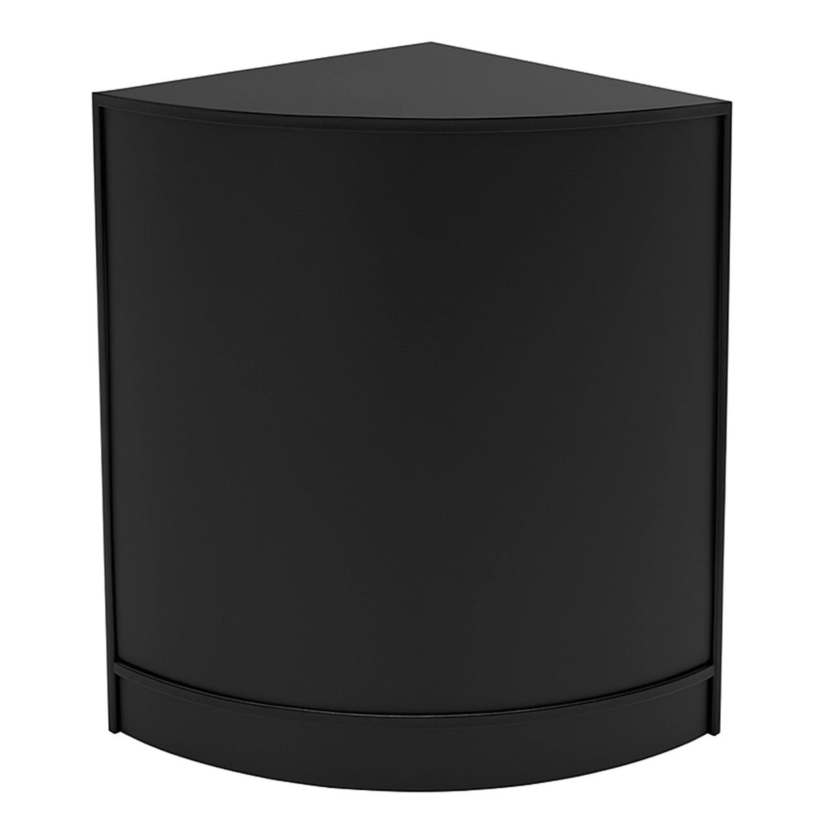 Black corner LED shop counter with a sleek design, smooth texture, and modern aesthetic, ideal for retail displays and promotions