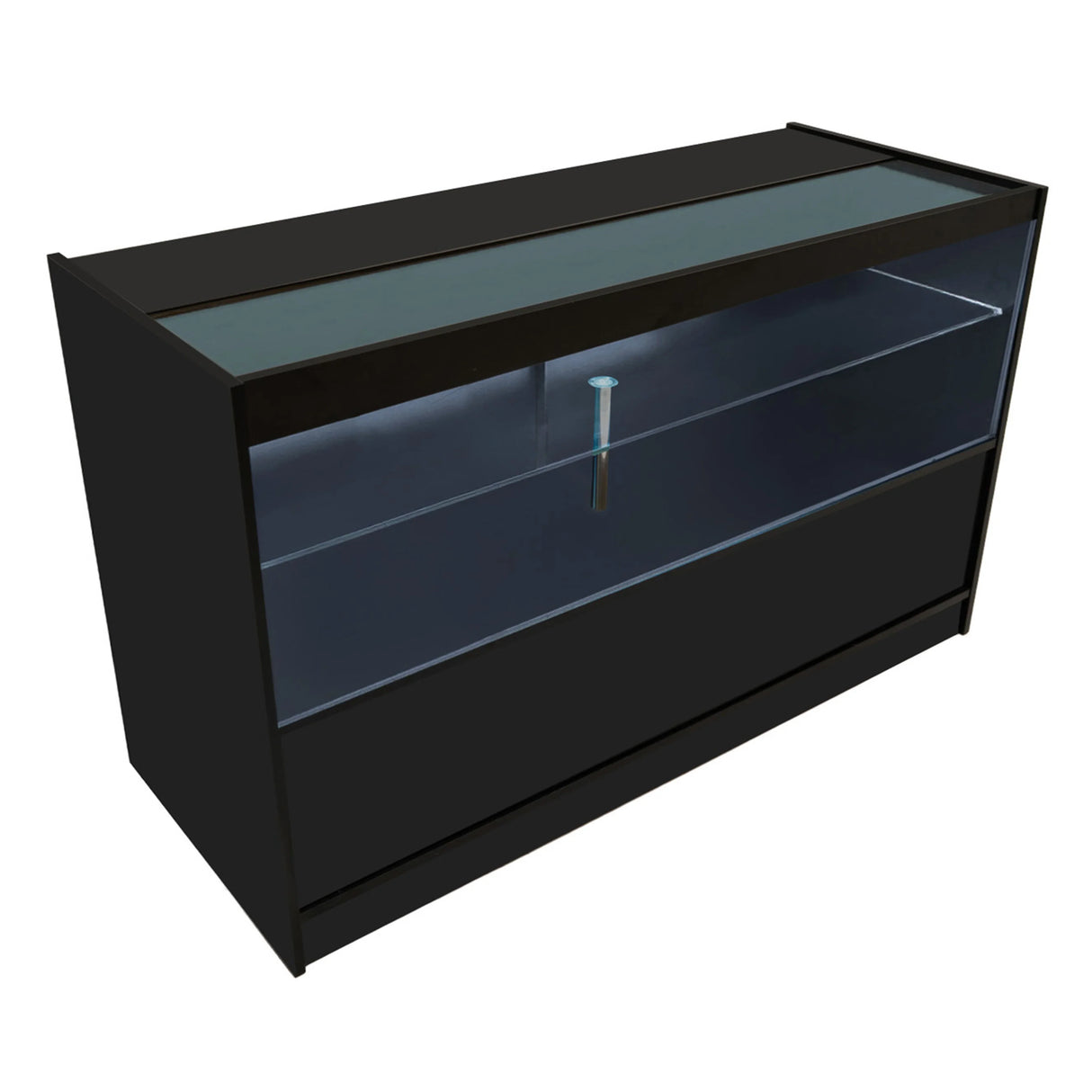 Black Adonis LED shop counter set featuring sleek design, glass display top, and spacious storage, ideal for retail environments