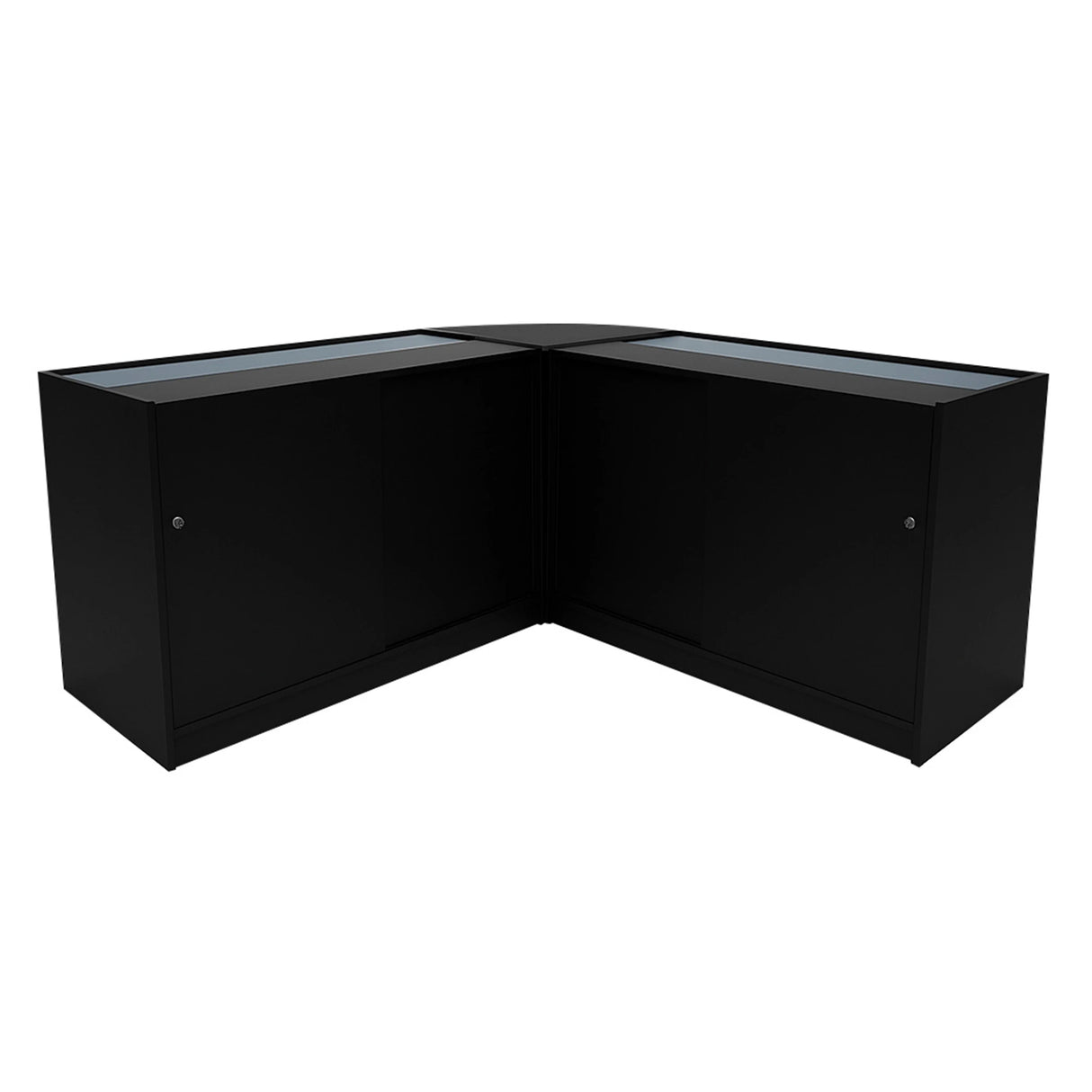 Triton LED Shop Counter Set in black, featuring sleek design, glass display tops, and ample storage space with smooth finishes