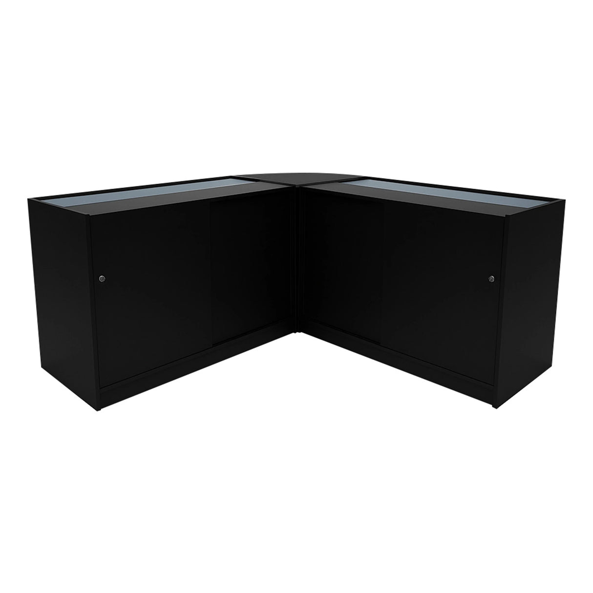 Hera LED Shop Counter Set in sleek black, featuring glass display tops and storage cabinets, ideal for retail environments