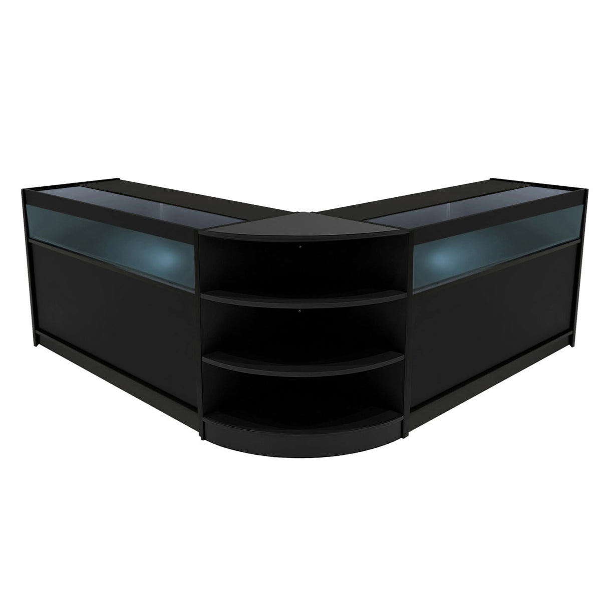 Theseus LED shop counter set in sleek black features a modern design with glass display tops and curved shelving for optimal visibility