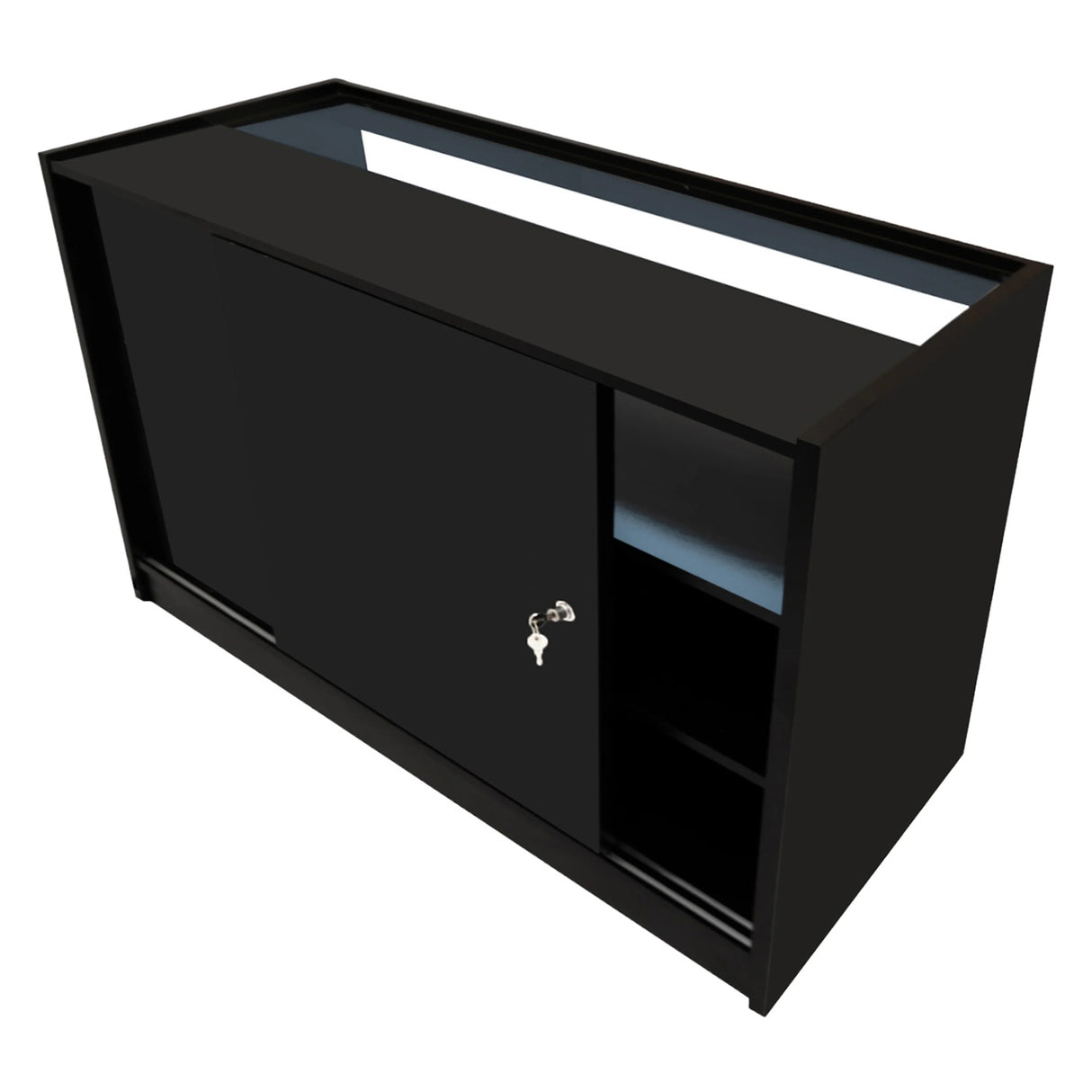 Theseus LED shop counter set in sleek black, featuring a sliding door, glass display top, and open shelving for storage