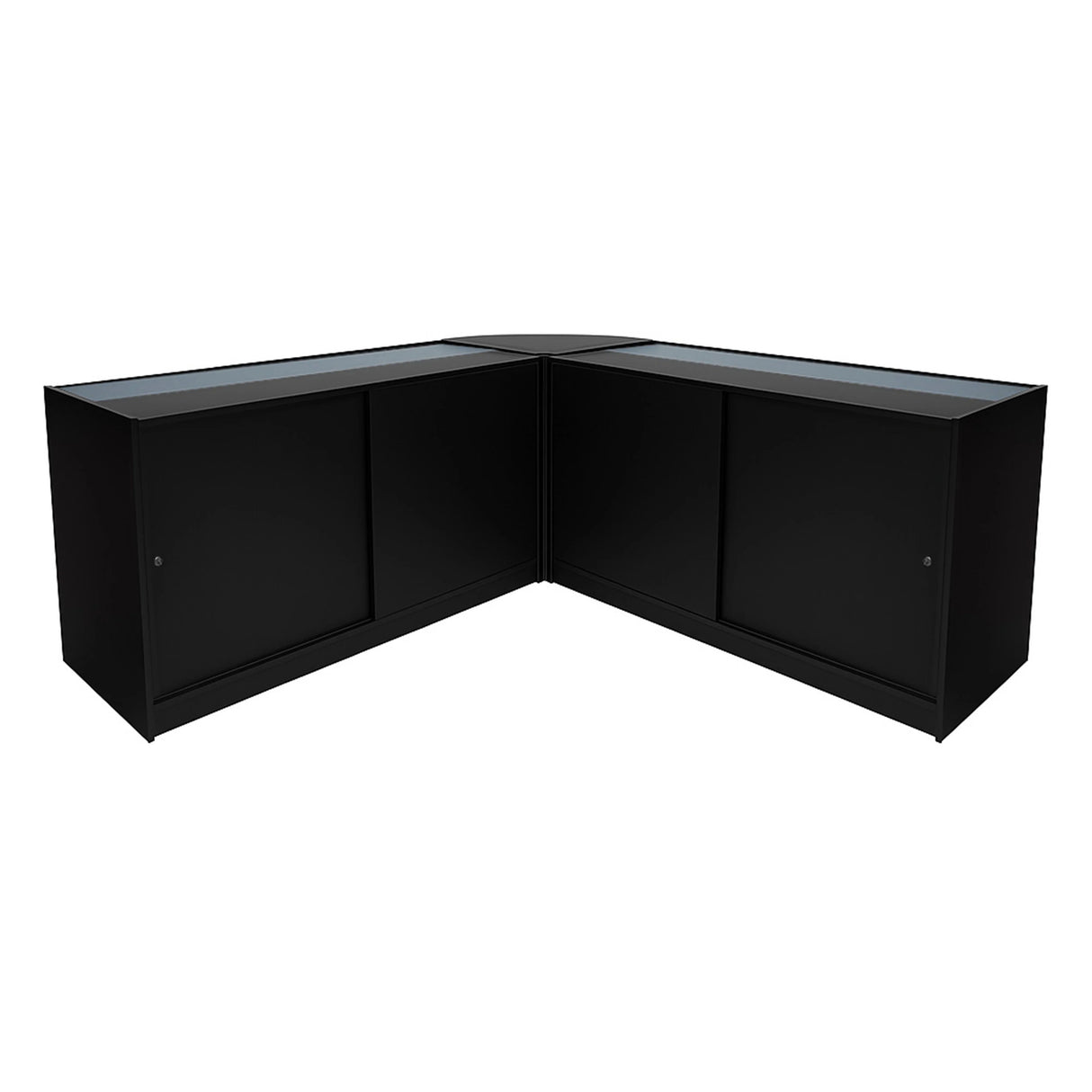Theseus LED shop counter set in sleek black, featuring two glass-topped display units with sliding doors, ideal for retail spaces