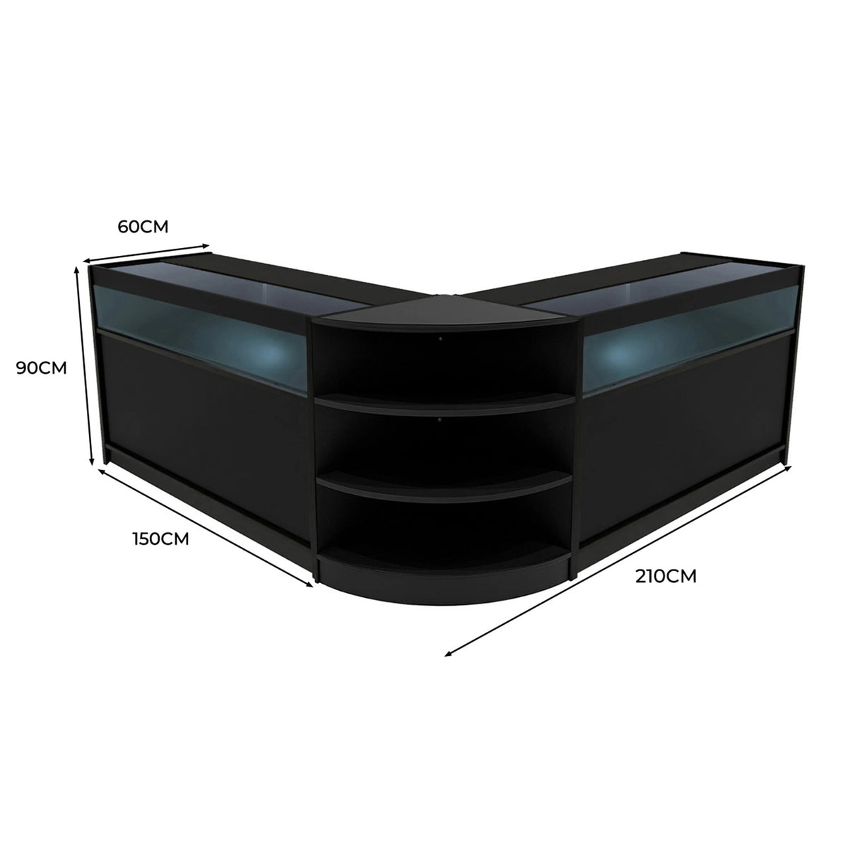 Theseus LED Shop Counter Set in sleek black, featuring curved design, glass display tops, and ample storage shelves, dimensions 210cm x 90cm x 60cm