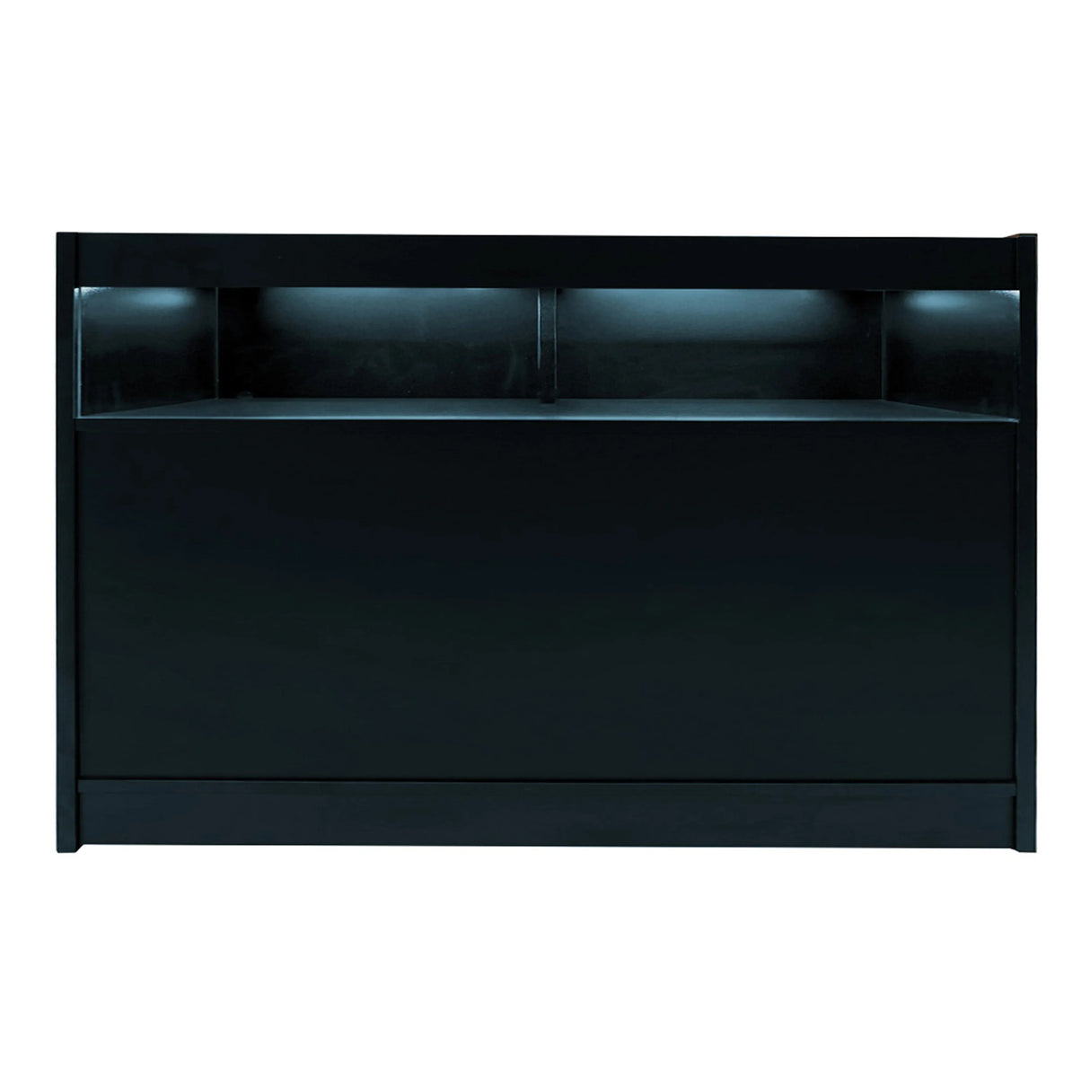 Sleek black Theseus LED shop counter set with illuminated shelves, featuring a smooth finish and modern design for retail spaces
