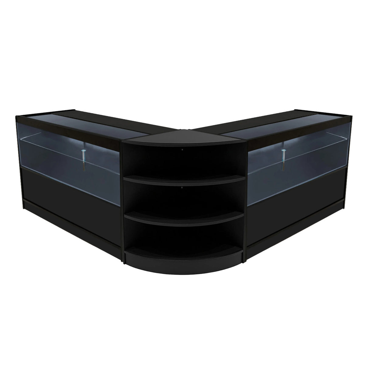 Black Andromeda LED shop counter set featuring a sleek design with glass display sections and curved shelves for optimal visibility