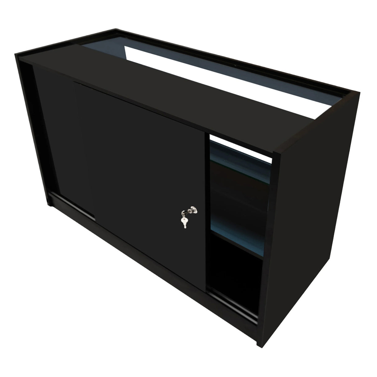 Sleek black Andromeda LED shop counter set with sliding door, glass shelves, and modern design, ideal for retail displays