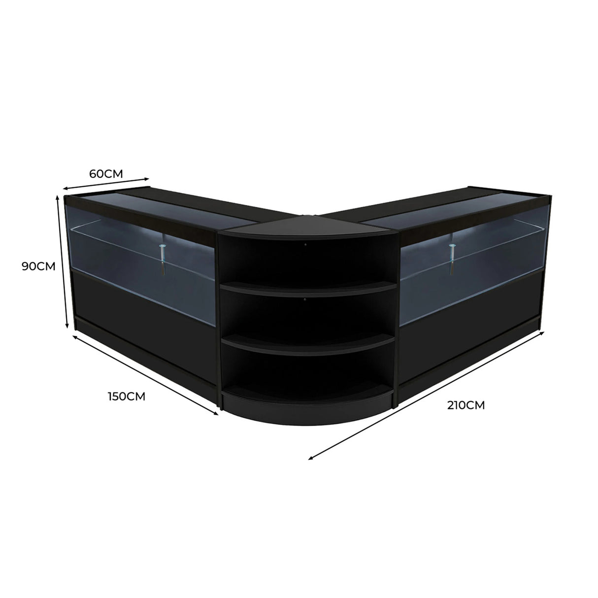Black Andromeda LED Shop Counter Set featuring sleek glass displays, curved design, and ample storage, measuring 210cm x 150cm x 90cm