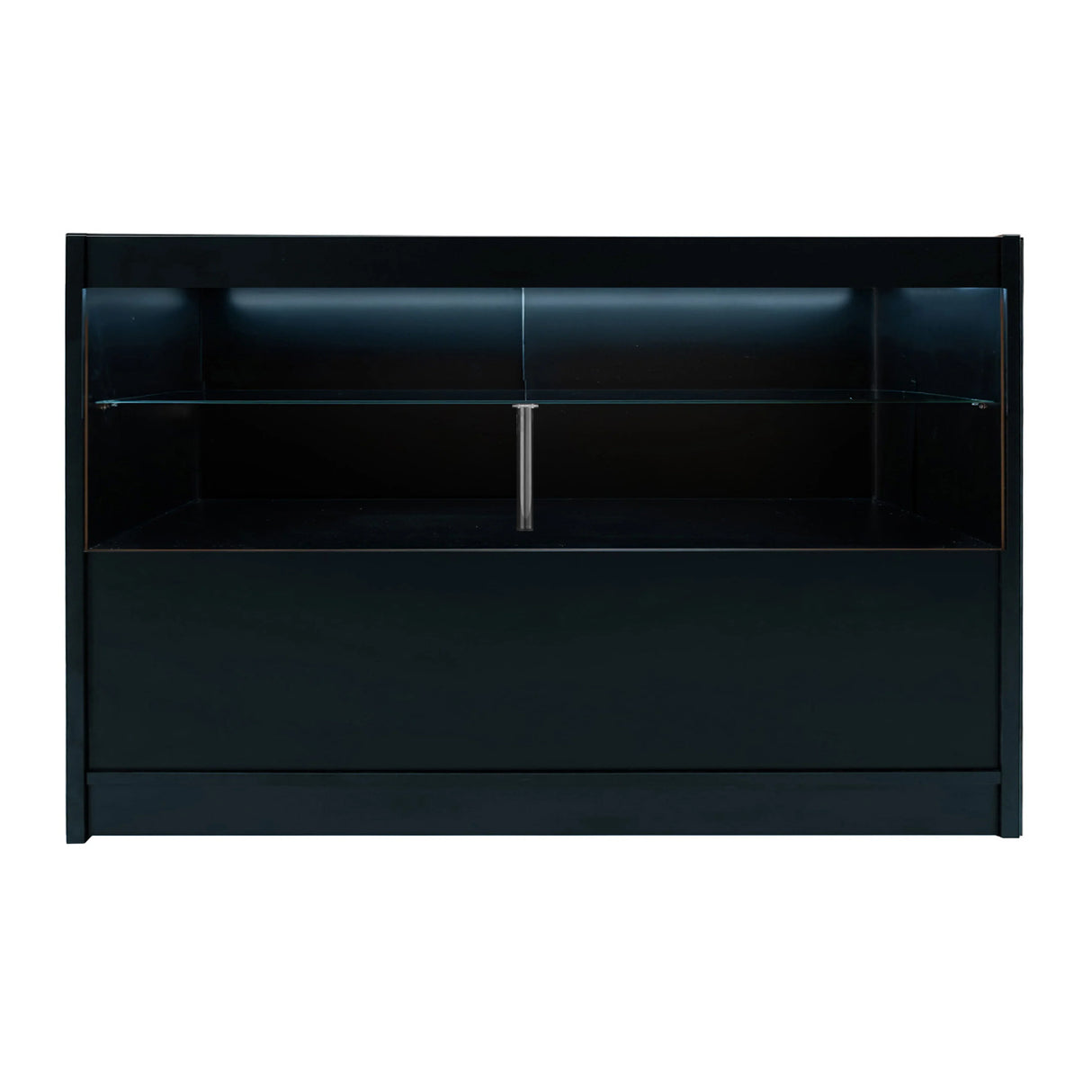 Sleek black Andromeda LED shop counter set with illuminated display, featuring a smooth surface and modern design, ideal for retail use