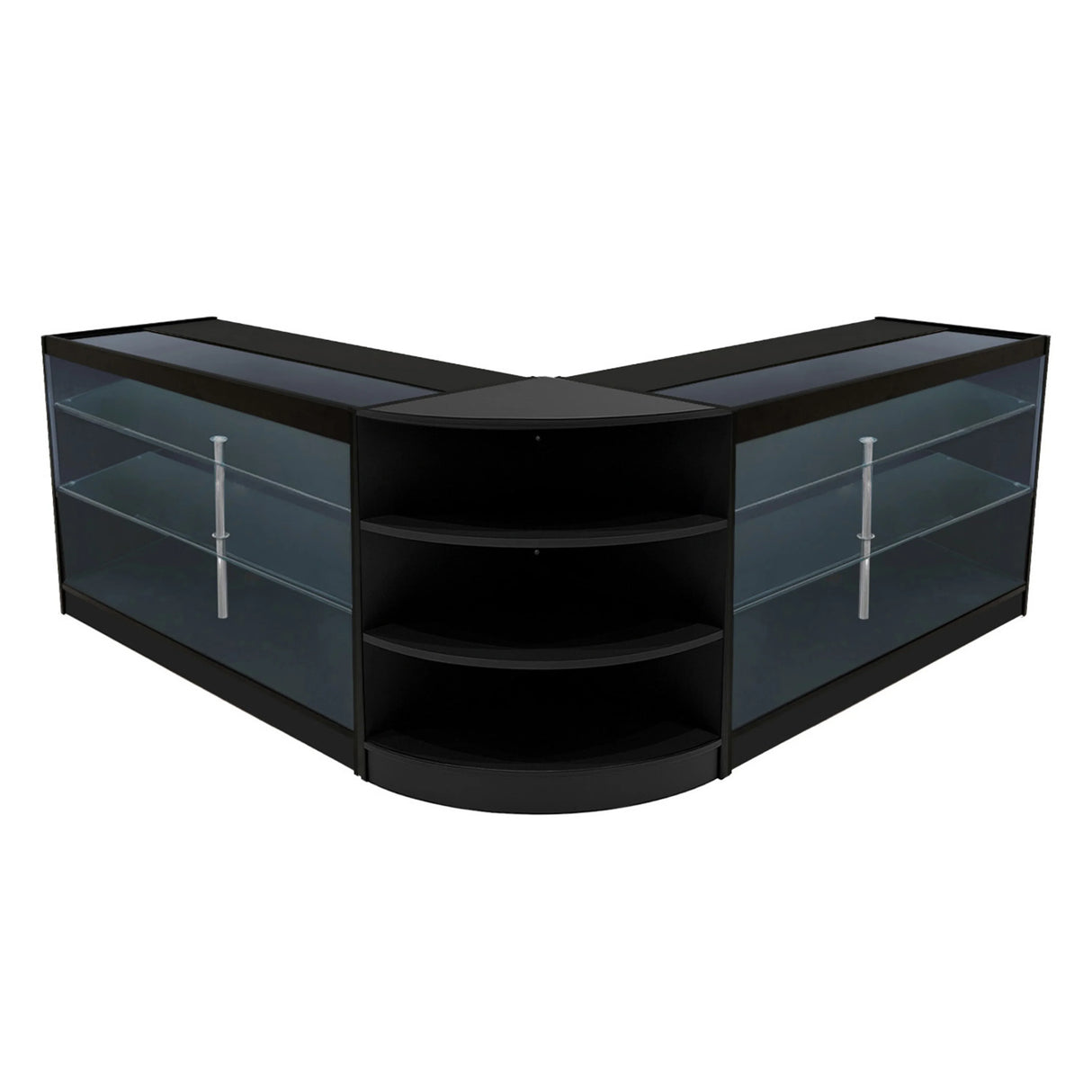 Black Apollo LED shop counter set featuring a sleek, modern design with glass shelves and curved edges, ideal for retail displays