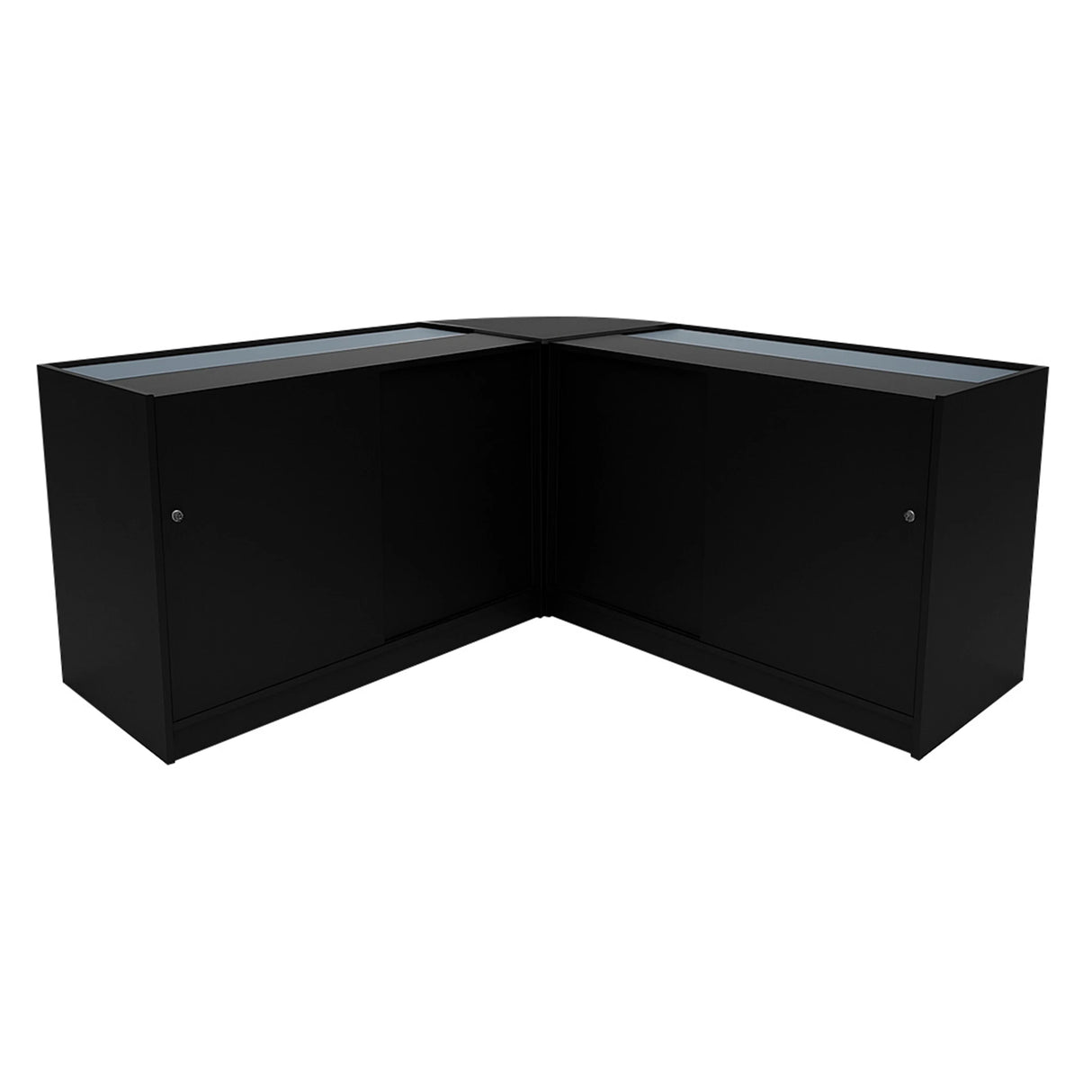 Black Apollo LED Shop Counter Set LM60 with two K1500 display cabinets, featuring sleek glass tops and modern corner design