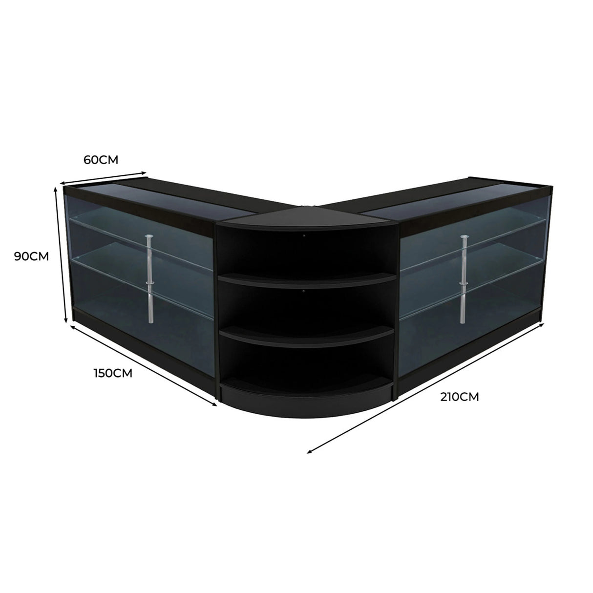 Black Apollo LED Shop Counter Set with glass shelves, curved design, dimensions 210cm x 150cm x 90cm, ideal for retail displays