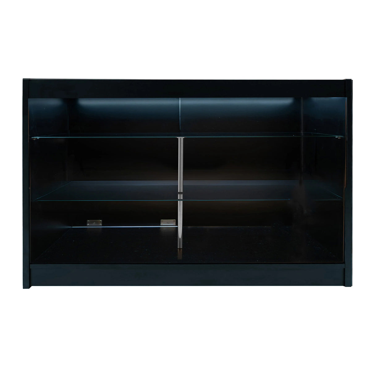 Sleek black Apollo LED shop counter set with glass shelves, featuring a modern design and illuminated interior for enhanced display