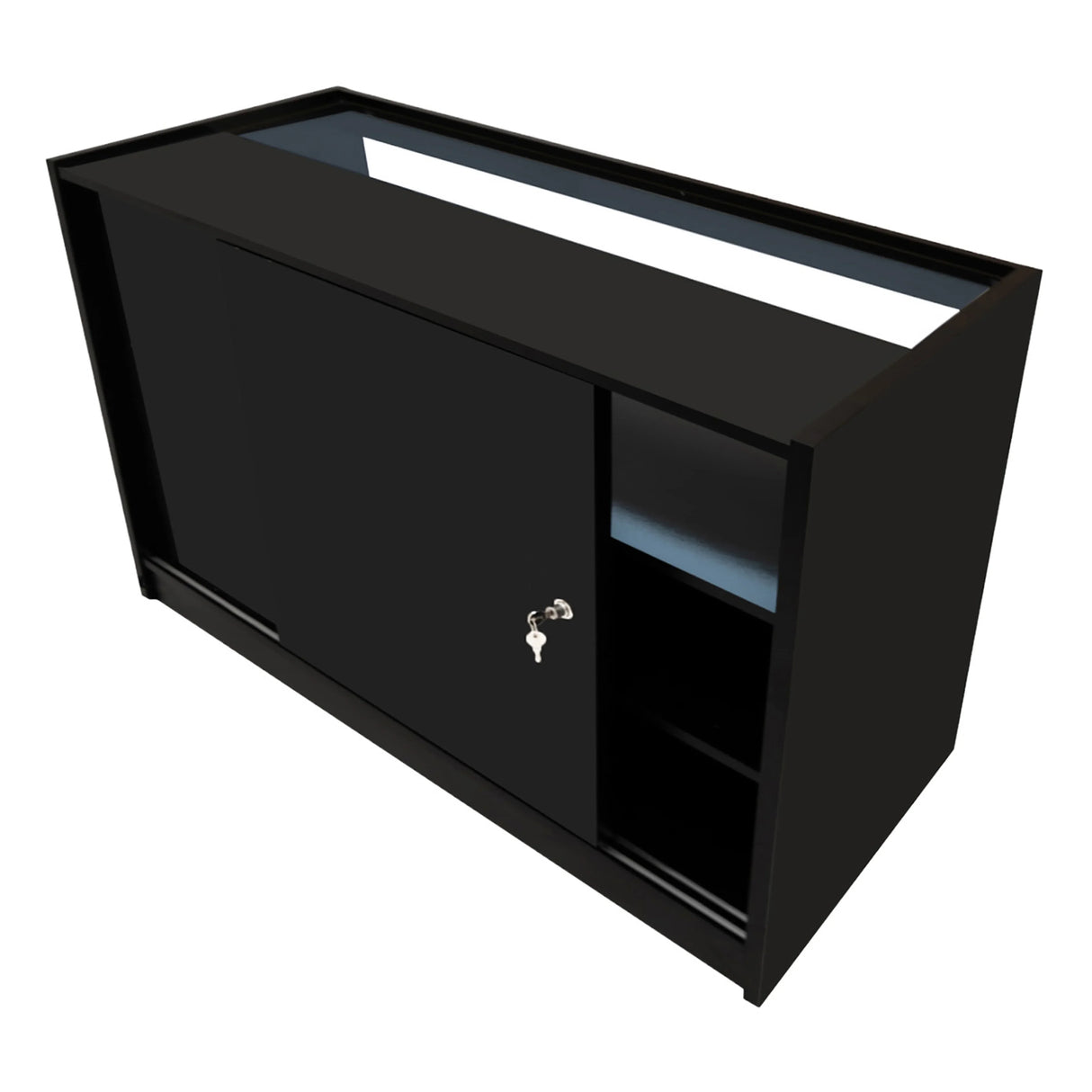 Harmonia LED Shop Counter Set in sleek black, featuring a sliding door, glass top, and open shelving for stylish display and storage