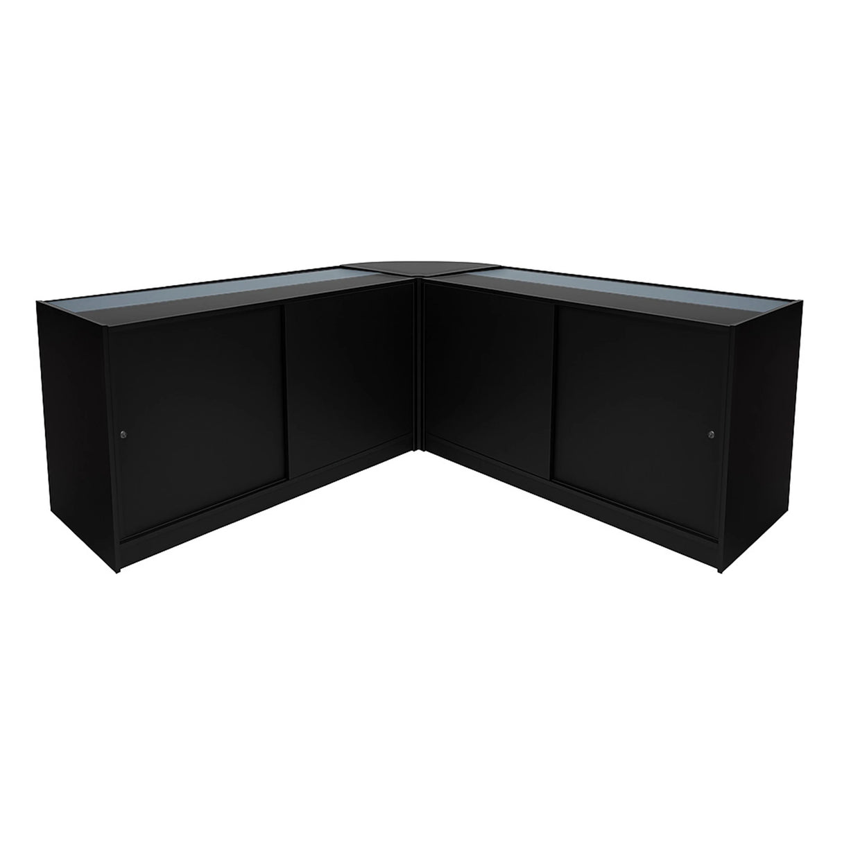 Harmonia LED Shop Counter Set in sleek black features a modern corner design with glass display tops and sliding doors for storage