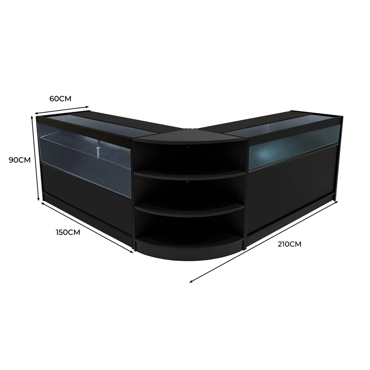 Harmonia LED Shop Counter Set in black, featuring sleek glass displays, curved design, and ample storage with modern LED lighting